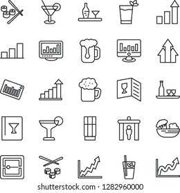 Thin Line Icon Set - security gate vector, growth statistic, monitor, barcode, scanner, statistics, bar graph, alcohol, wine card, drink, cocktail, phyto, beer, salad, sushi, arrow up