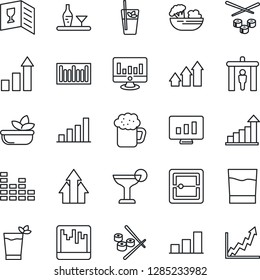 Thin Line Icon Set - security gate vector, growth statistic, monitor, barcode, equalizer, scanner, bar graph, alcohol, wine card, drink, cocktail, phyto, beer, salad, sushi, arrow up
