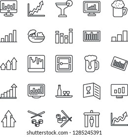Thin Line Icon Set - security gate vector, growth statistic, monitor, barcode, equalizer, scanner, statistics, bar graph, alcohol, wine card, cocktail, beer, salad, sushi, arrow up