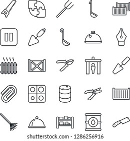 Thin Line Icon Set - security gate vector, trowel, farm fork, rake, pruner, saw, cargo container, oil barrel, rack, pause button, application, paper clip, ink pen, heater, dish, ladle, knife