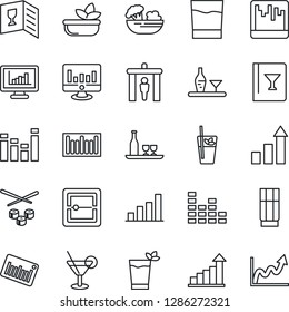 Thin Line Icon Set - security gate vector, growth statistic, monitor, barcode, equalizer, scanner, statistics, bar graph, alcohol, wine card, drink, cocktail, phyto, salad, sushi