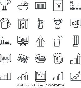 Thin Line Icon Set - security gate vector, growth statistic, monitor, barcode, equalizer, scanner, statistics, bar graph, alcohol, wine card, drink, cocktail, phyto, beer, salad, arrow up