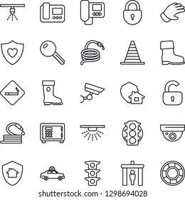 Thin Line Icon Set - security gate vector, smoking place, alarm car, border cone, safe, lock, glove, boot, hose, heart shield, traffic light, key, intercome, home protect, surveillance, sprinkler