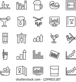 Thin Line Icon Set - security gate vector, growth statistic, monitor, barcode, equalizer, scanner, statistics, alcohol, wine card, drink, cocktail, phyto bar, beer, salad, sushi, arrow up graph