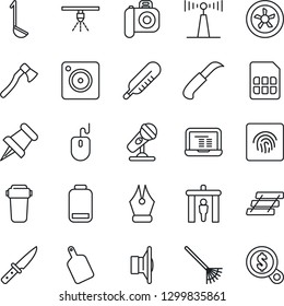 Thin Line Icon Set - security gate vector, mouse, notebook pc, rake, garden knife, axe, thermometer, camera, microphone, antenna, speaker, paper pin, low battery, mobile, sim, fingerprint id, tray