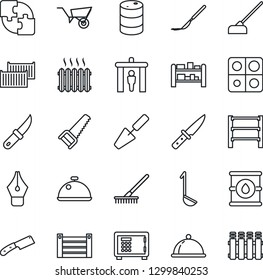 Thin Line Icon Set - security gate vector, safe, trowel, rake, wheelbarrow, saw, hoe, garden knife, scalpel, cargo container, oil barrel, rack, application, ink pen, heater, dish, ladle, radiator