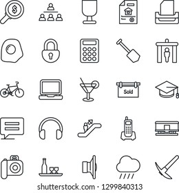 Thin Line Icon Set - security gate vector, escalator, graduate, job, rain, bike, office phone, fragile, railroad, camera, speaker, headphones, laptop pc, message, lock, calculator, paper tray