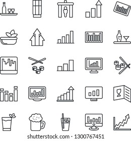 Thin Line Icon Set - security gate vector, growth statistic, monitor, barcode, equalizer, scanner, statistics, bar graph, alcohol, wine card, drink, phyto, beer, salad, sushi, arrow up