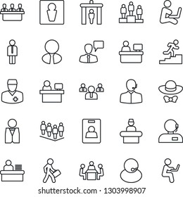 Thin Line Icon Set - security gate vector, male, reception, manager, speaking man, pedestal, team, place, doctor, support, identity card, desk, meeting, career ladder, estate agent, waiter