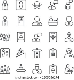 Thin Line Icon Set - security gate vector, elevator, male, reception, medical room, speaking man, pedestal, team, manager place, doctor, support, speaker, identity card, career ladder, estate agent