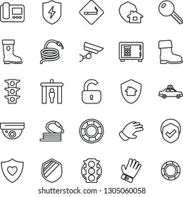 Thin Line Icon Set - security gate vector, smoking place, alarm car, safe, glove, boot, hose, heart shield, traffic light, protect, key, lock, intercome, home, surveillance, crisis management