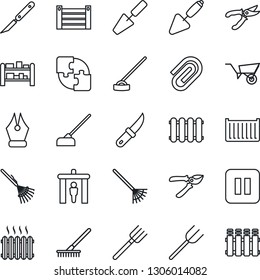 Thin Line Icon Set - security gate vector, trowel, farm fork, rake, wheelbarrow, pruner, hoe, garden knife, scalpel, cargo container, rack, pause button, application, paper clip, ink pen, heater