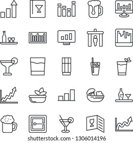 Thin Line Icon Set - security gate vector, growth statistic, monitor, barcode, equalizer, scanner, bar graph, alcohol, wine card, drink, cocktail, phyto, beer, salad