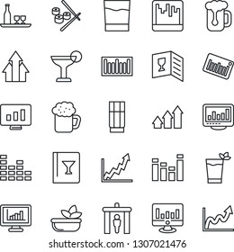 Thin Line Icon Set - security gate vector, statistic monitor, barcode, equalizer, scanner, statistics, alcohol, wine card, drink, cocktail, phyto bar, beer, salad, sushi, arrow up graph, growth