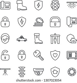 Thin Line Icon Set - security gate vector, alarm car, safe, lock, boot, hose, heart shield, traffic light, protect, key, intercome, home, surveillance, sprinkler, crisis management