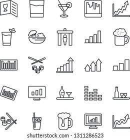 Thin Line Icon Set - security gate vector, growth statistic, monitor, barcode, equalizer, scanner, statistics, bar graph, alcohol, wine card, drink, cocktail, phyto, beer, salad, sushi, arrow up
