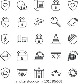 Thin Line Icon Set - security gate vector, smoking place, alarm car, border cone, lock, glove, hose, heart shield, protect, key, intercome, home, surveillance, sprinkler, crisis management