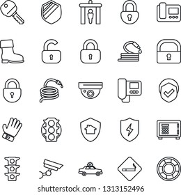 Thin Line Icon Set - security gate vector, smoking place, alarm car, safe, lock, glove, boot, hose, traffic light, shield, protect, key, intercome, home, surveillance, crisis management
