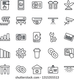 Thin Line Icon Set - security gate vector, identity card, drip irrigation, sorting, barcode, chain, root setup, air conditioner, smart home, water heater, control app, filter, surveillance