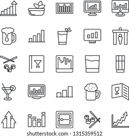 Thin Line Icon Set - security gate vector, growth statistic, monitor, barcode, equalizer, scanner, statistics, bar graph, wine card, drink, cocktail, phyto, beer, salad, sushi, arrow up