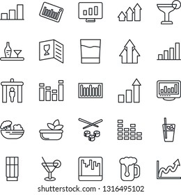 Thin Line Icon Set - security gate vector, growth statistic, monitor, barcode, equalizer, scanner, statistics, bar graph, alcohol, wine card, drink, cocktail, phyto, beer, salad, sushi, arrow up