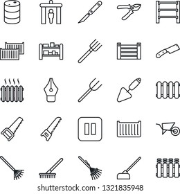Thin Line Icon Set - security gate vector, trowel, farm fork, rake, wheelbarrow, pruner, saw, hoe, scalpel, cargo container, oil barrel, rack, pause button, ink pen, heater, knife, radiator