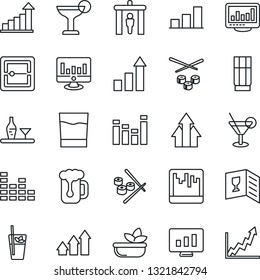 Thin Line Icon Set - security gate vector, growth statistic, monitor, equalizer, scanner, statistics, bar graph, alcohol, wine card, drink, cocktail, phyto, beer, salad, sushi, arrow up