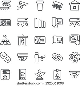 Thin Line Icon Set - security gate vector, identity card, drip irrigation, sorting, barcode, chain, root setup, air conditioner, smart home, water heater, intercome, control app, filter, warm floor