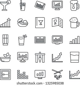 Thin Line Icon Set - security gate vector, growth statistic, monitor, barcode, equalizer, scanner, statistics, bar graph, wine card, drink, cocktail, phyto, beer, salad, sushi