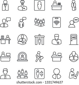 Thin Line Icon Set - security gate vector, elevator, male, reception, medical room, speaking man, pedestal, team, manager place, doctor, client, speaker, desk, estate agent, waiter, pass card