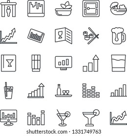 Thin Line Icon Set - security gate vector, growth statistic, monitor, barcode, equalizer, scanner, bar graph, alcohol, wine card, drink, cocktail, phyto, beer, salad, sushi