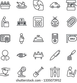 Thin Line Icon Set - security gate vector, baby room, pen, meeting, garden fork, shovel, lady bug, well, heart hand, eye, hospital, pregnancy, car delivery, microphone, remote control, calculator