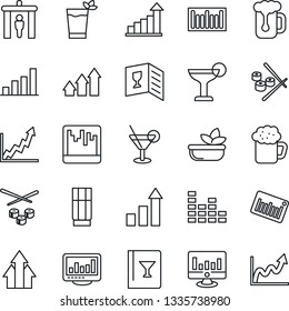 Thin Line Icon Set - security gate vector, growth statistic, monitor, barcode, equalizer, scanner, statistics, bar graph, wine card, drink, cocktail, phyto, beer, salad, sushi, arrow up