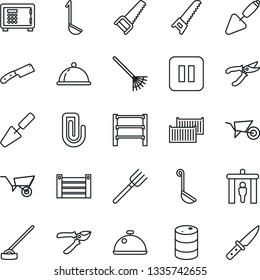Thin Line Icon Set - security gate vector, safe, trowel, farm fork, rake, wheelbarrow, pruner, saw, hoe, cargo container, oil barrel, rack, pause button, paper clip, dish, ladle, knife