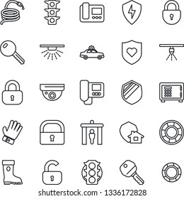 Thin Line Icon Set - security gate vector, alarm car, safe, lock, glove, boot, hose, heart shield, traffic light, protect, key, intercome, home, surveillance, sprinkler, crisis management
