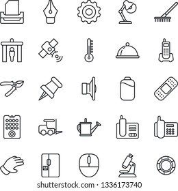 Thin Line Icon Set - security gate vector, fork loader, gear, mouse, rake, watering can, pruner, glove, microscope, patch, office phone, satellite, speaker, radio, paper pin, battery, ink pen, tray