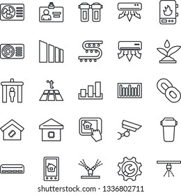 Thin Line Icon Set - security gate vector, identity card, drip irrigation, sorting, barcode, chain, root setup, air conditioner, smart home, water heater, control app, filter, warm floor, sprinkler