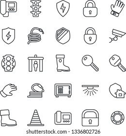 Thin Line Icon Set - security gate vector, border cone, safe, lock, glove, boot, hose, traffic light, shield, protect, key, intercome, home, surveillance, sprinkler, crisis management