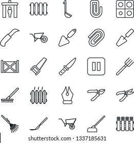 Thin Line Icon Set - security gate vector, trowel, farm fork, rake, wheelbarrow, pruner, saw, hoe, garden knife, scalpel, container, pause button, application, paper clip, ink pen, heater, ladle