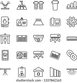 Thin Line Icon Set - security gate vector, identity card, sorting, barcode, chain, root setup, air conditioner, smart home, irrigation, water heater, intercome, control app, filter, warm floor