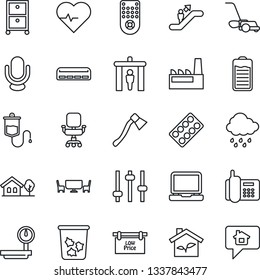 Thin Line Icon Set - security gate vector, escalator, trash bin, lawn mower, rain, axe, heart pulse, dropper, pills blister, office phone, heavy scales, microphone, remote control, laptop pc, tuning