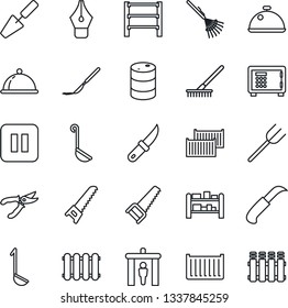 Thin Line Icon Set - security gate vector, safe, trowel, farm fork, rake, pruner, saw, garden knife, scalpel, cargo container, oil barrel, rack, pause button, ink pen, dish, ladle, radiator