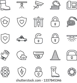 Thin Line Icon Set - security gate vector, alarm car, border cone, lock, glove, boot, hose, heart shield, traffic light, protect, intercome, home, surveillance, sprinkler, crisis management