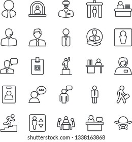 Thin Line Icon Set - security gate vector, elevator, male, reception, manager, speaking man, pedestal, place, doctor, support, client, speaker, identity card, desk, meeting, career ladder, waiter