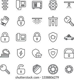 Thin Line Icon Set - security gate vector, alarm car, safe, lock, glove, hose, heart shield, traffic light, protect, key, intercome, home, sprinkler, crisis management
