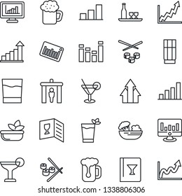 Thin Line Icon Set - security gate vector, growth statistic, monitor, barcode, equalizer, statistics, bar graph, alcohol, wine card, drink, cocktail, phyto, beer, salad, sushi, arrow up