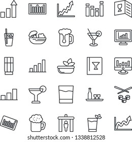Thin Line Icon Set - security gate vector, growth statistic, monitor, barcode, equalizer, statistics, bar graph, alcohol, wine card, drink, cocktail, phyto, beer, salad, sushi
