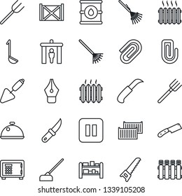 Thin Line Icon Set - security gate vector, safe, trowel, farm fork, rake, saw, hoe, garden knife, cargo container, oil barrel, rack, pause button, paper clip, ink pen, heater, dish, ladle, radiator