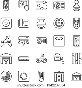Thin Line Icon Set - security gate vector, stamp, radar, scales, gamepad, settings, remote control, rec button, tuning, record, air conditioner, home, intercome, app, garage
