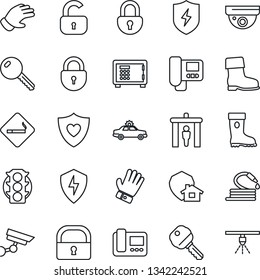 Thin Line Icon Set - security gate vector, smoking place, alarm car, safe, lock, glove, boot, hose, heart shield, traffic light, protect, key, intercome, home, surveillance, sprinkler